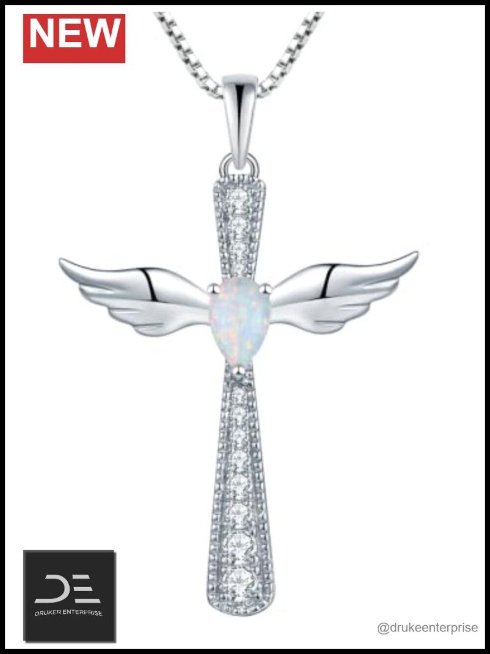 925 Sterling Silver Angel Wings Cross Necklace Pendant with Pear-Cut Created